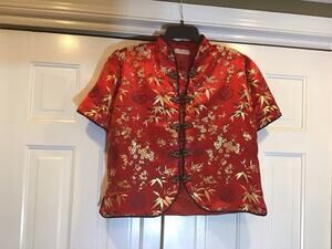 Handmade Red-Gold Silk Asian Mandarin Collar Frog Clasp Top/Jacket M/L Costume